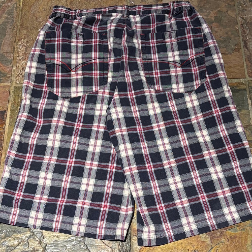 Y2K Raw Blue Mens Plaid Shorts Navy Red White Checkered Elastic Size Large